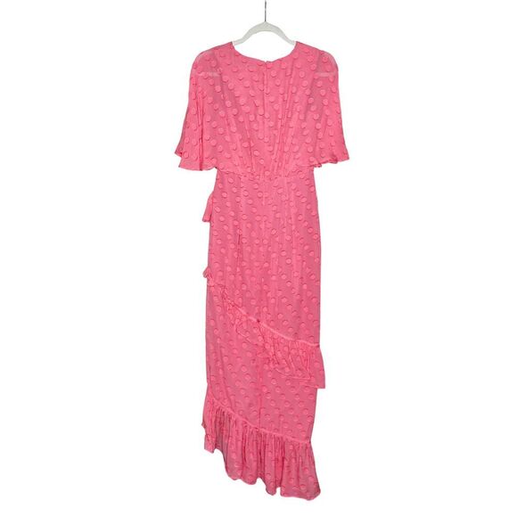 Saloni Jacquard Polka Dot Rose Ruffle Midi Dress Watermelon Pink Size 0 Silk New - Picture 12 of 12